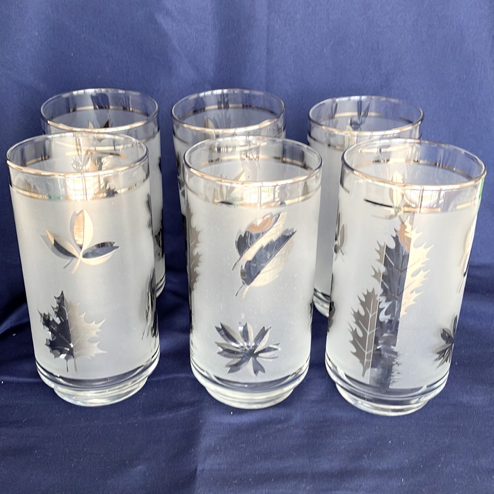 LIBBEY 1960’s  Mid Century Modern Silver Frosted Leaf Highball Glasses Set of 6